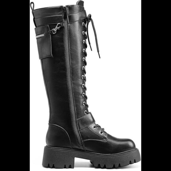 NEW Women's Combat Riding Platform Knee High Boots, Lace Up Fall Lug Sole Gothic - Picture 3 of 9